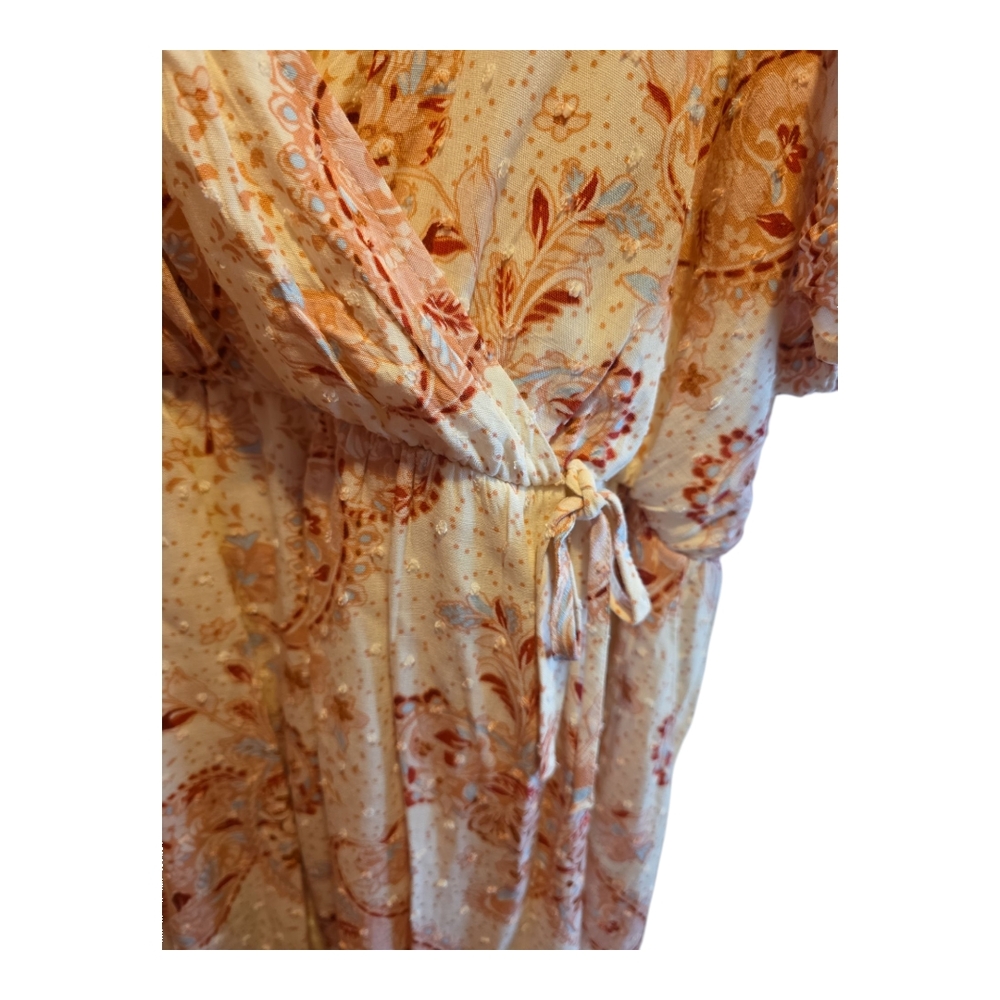 Torrid Midi Swiss Dot Surplice Paisley Wrap Dress Pink Cream Short Sleeve Lined - Picture 8 of 12